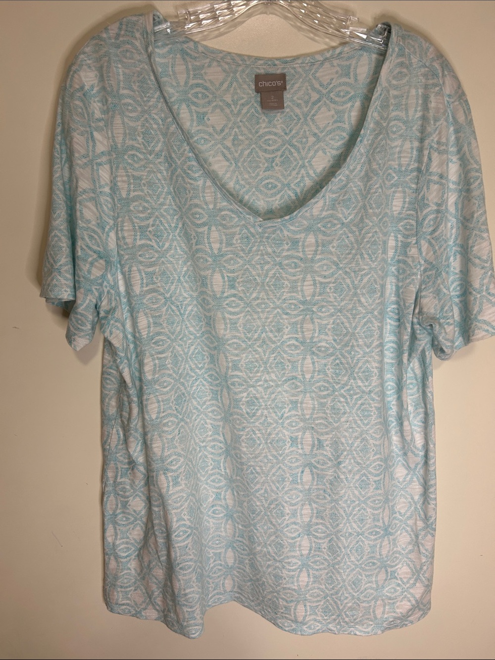 Chico's Aqua and White Patterned Scoop Neck Tee